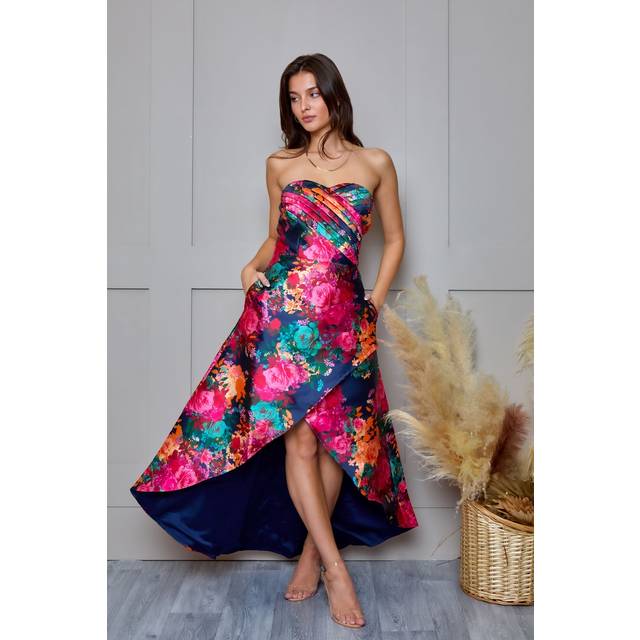Bandeau Sweetheart Floral Wrap Detail Dip Hem Dress in Navy - 6