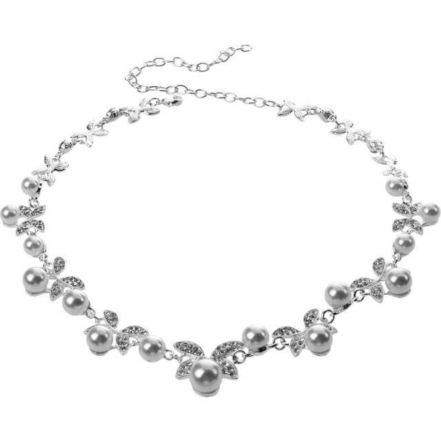 Korea Style Wedding Jewelry White Butterfly Shaped Crystal Rhinestone Imitate Pearl Necklace Earring Set