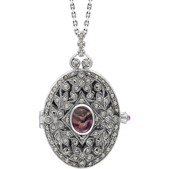 Sterling Silver Blue John Marcasite Large Oval Flower Edge Locket Necklace