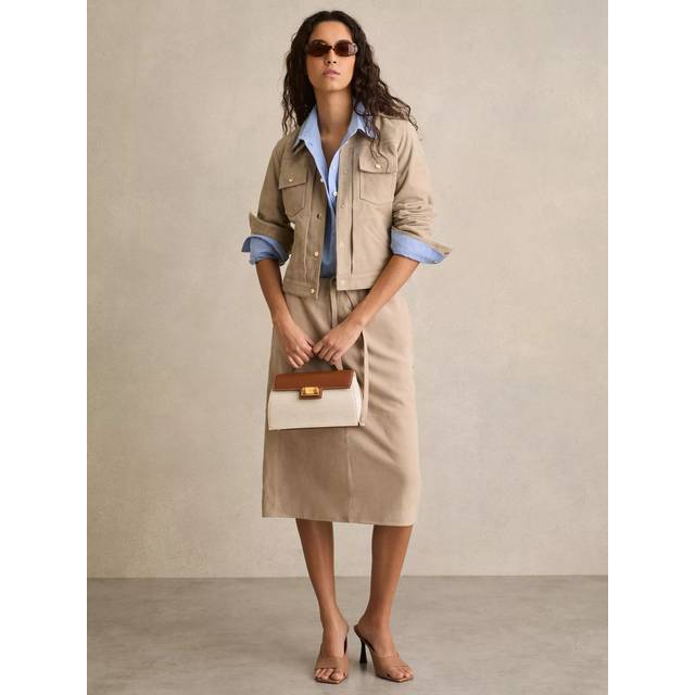 Reiss Meagan Suede Leather Drawstring A-Line Skirt, Neutral