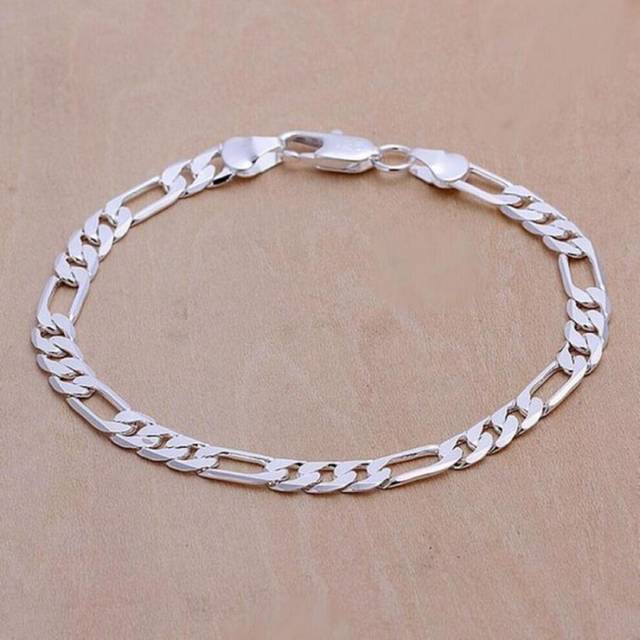 (Silver) S925 Sterling Silver Bracelet 6mm Chain Wedding Nice Gift Solid for Men Women Jewelry Fashion Beautiful  20cm 8inch