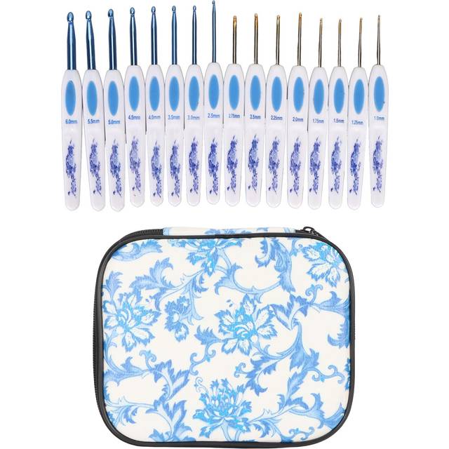 16pcs Crochet Hooks Set Blue White Porcelain Ergonomic Handle Crochet Needles with Case DIY Hand