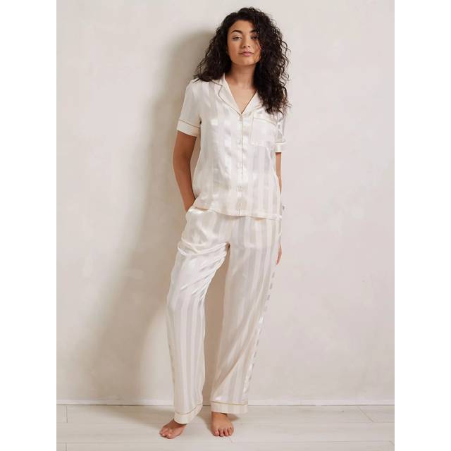 Chelsea Peers Stripe Satin Long Pyjama Set, Off White