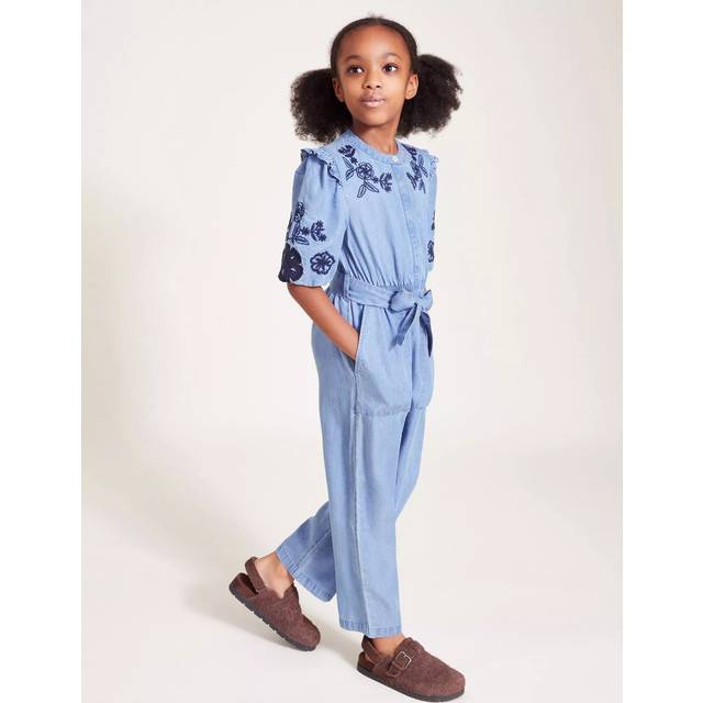 Monsoon Kids' Floral Embroidered Jumpsuit, Blue