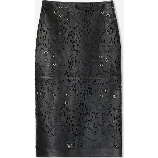 Lace Lasercut Leather Embellished Midi Skirt - Black - 6