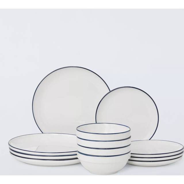 John Lewis Stacking Blue Rim Porcelain Dinnerware Set, 12 Piece, White