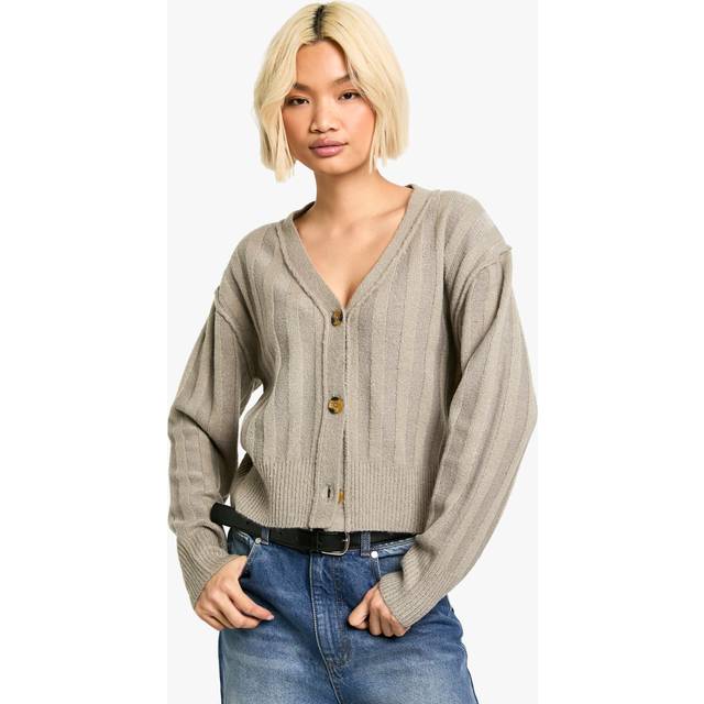 Womens Seam Detail Soft Rib Knit Boyfriend Cardigan - Beige - XL
