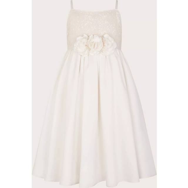 Monsoon Kids' Orelia Strappy Sequin Satin Dress, Warm Ivory
