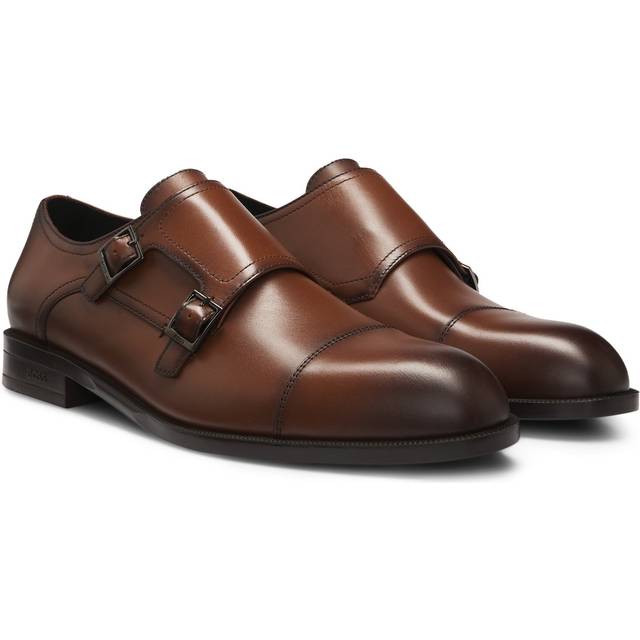 Leather monk shoes with double strap - Brown