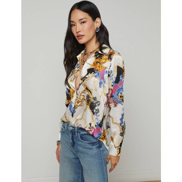 L'AGENCE Tyler Silk Blouse Top In White Black New Renaissance - XL