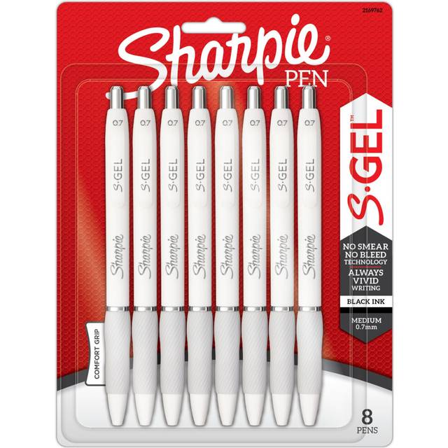 SHARPIE S-Gel Fashion Barrel Gel Pens  Medium Point  0.7 mm  White Barrels/Black Ink  Pack Of 8 Pens