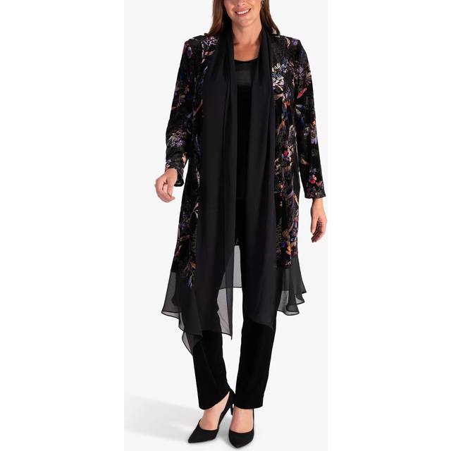 chesca Velvet Devoree Long Coat with Chiffon Trim, Black/Multi