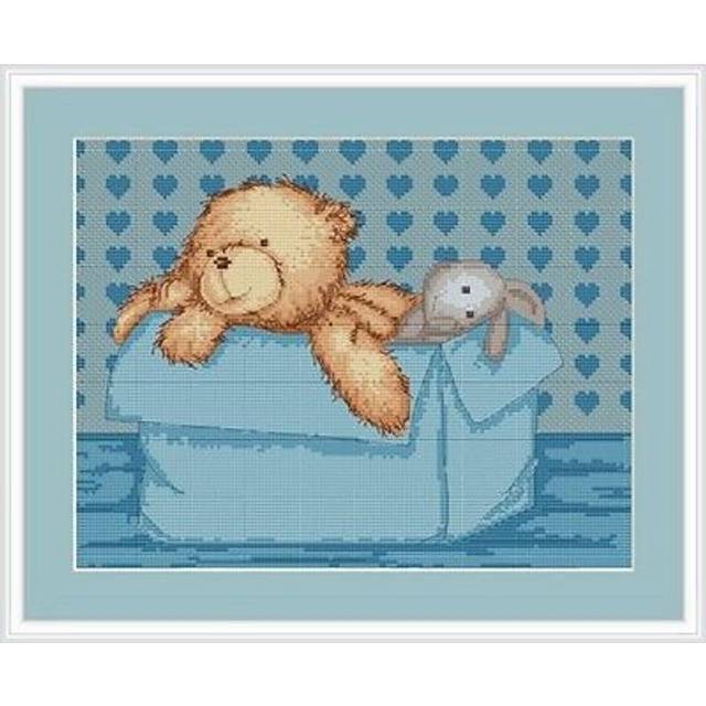 Teddy bear in blue box cross stitch kit 22cm x 17cm - (luca-s b130)