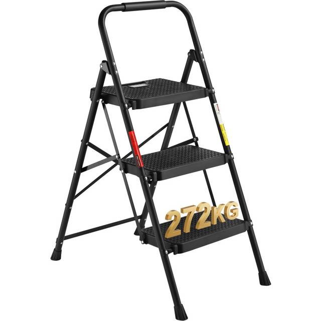 BONTEC 3 Step Ladder, Capacity 272KG with Wide Anti-Slip Pedals, Folding Steel Step Stool, Sponge Handlebar, Lightweight Portable Ladder Suitable for