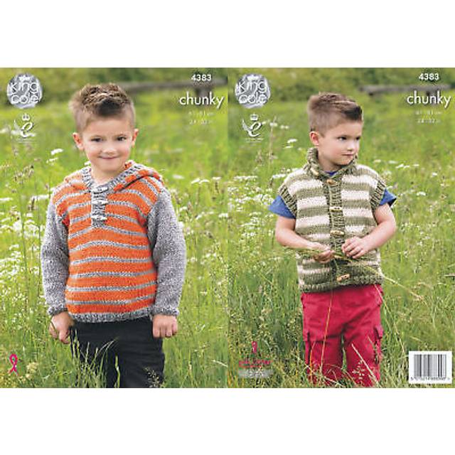 King Cole 4383 Chunky Knitting Pattern Boys Hoodie Short Sleeve Gilet