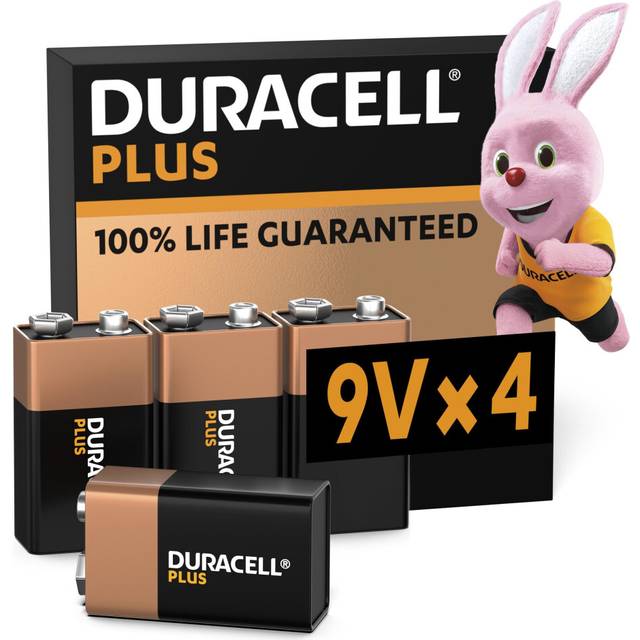 Duracell Plus 9V Batteries (4 Pack) - Alkaline - 100% Life Guaranteed - Reliability For Everyday 0% Plastic Packaging - 5-Year Storage - 6LR61 MN1604