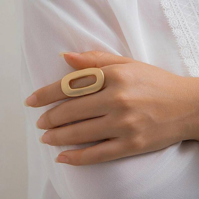 (Gold) Exaggerated Big Hollow Out Geometric Oval Rings for Women Creative Adjustable Finger Matte Rings Fashion Statement Jewelry Girls