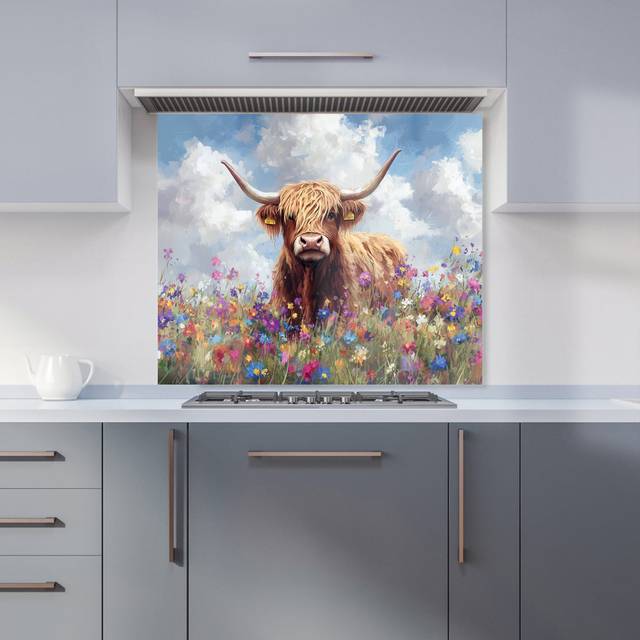 Warren Reed Designer Highland Cow In A Summer Meadow Glass Kitchen Splashback 75 x 90cm - Warren Reed - Designer - Multi