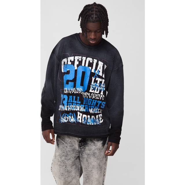 Oversized Reverse Loopback Official Print Long Sleeve Spray Wash T-Shirt - Black - L