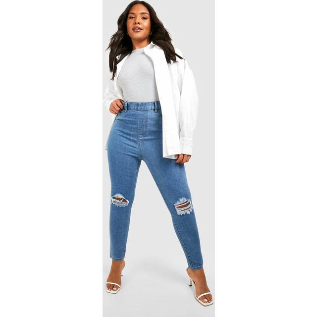 Womens Plus Rip Knee Skinny Jegging - Mid Blue - 20