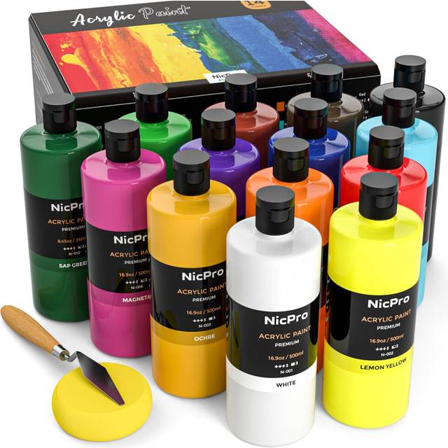 Nicpro 14 Colors Large Bulk Acrylic Paint Set (16.9 oz,500 ml) Rich Art Painting Supplies, Non Toxic for Multi Surface Canvas Wood Leather Fabric