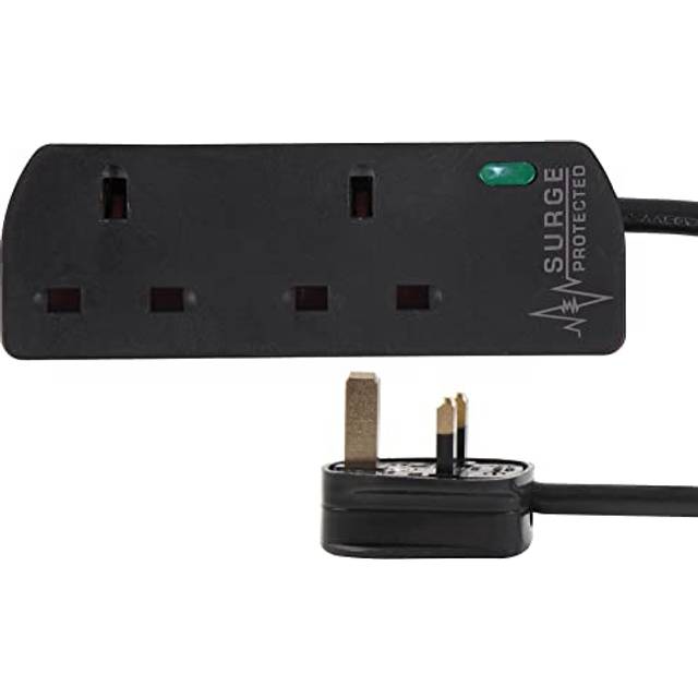Pro Elec - Mains Extension Lead With Surge Protection, 2 Gang, 1m, Black