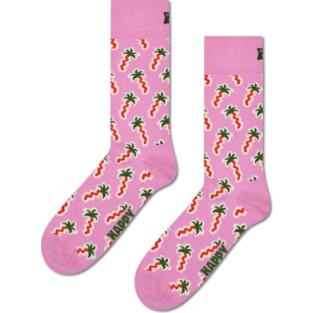 Pink Happy Palm Crew Sock - Pink, Dark Orange, Dark Green - 36-40