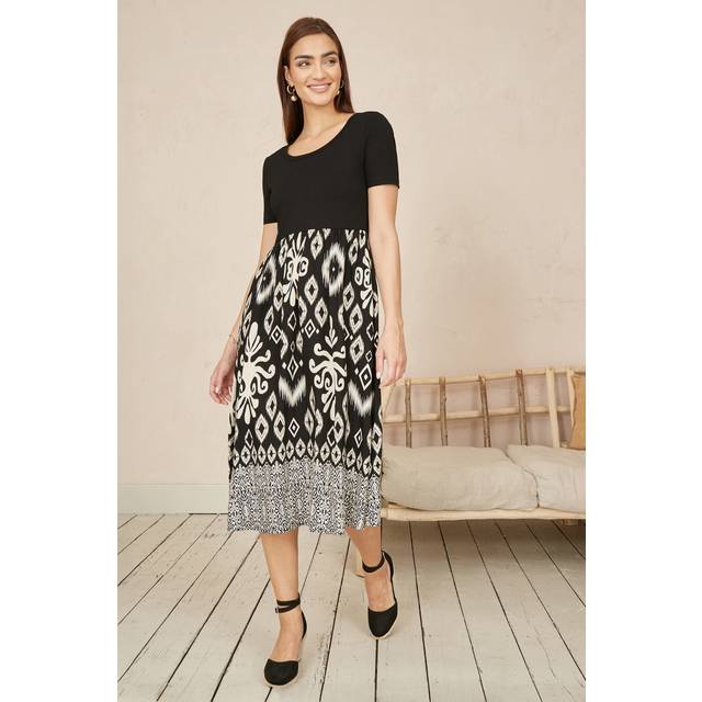Yumi Black Jersey Stretch Top And Ikat Skirt Midi Dress - Size 16 UK - Yumi