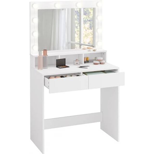 EUGAD Sminkbord med justerbar LED-belysning spegel, toalettbord vitt med 2 lådor, 3 öppna fack, hylla, modernt sminkbord för sovrum av trämaterial, 0053SZT