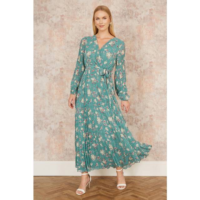 Yumi Mint Green Floral Pleated Long Sleeve Wrap Over Midi Dress - Size 16 UK - Yumi