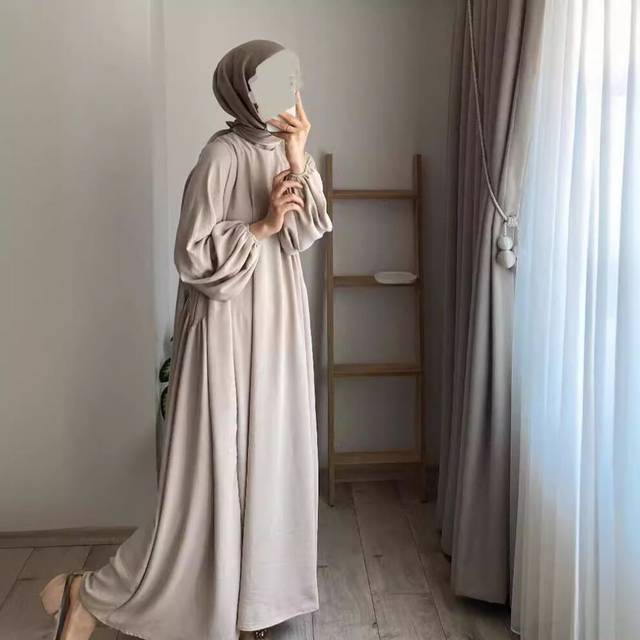 (Apricot Color (In Stock), L) Spring And Autumn Muslim Women's Solid Color Elegant And Fashionable Loose Pullover Dress Lantern Sleeve Long Skirt