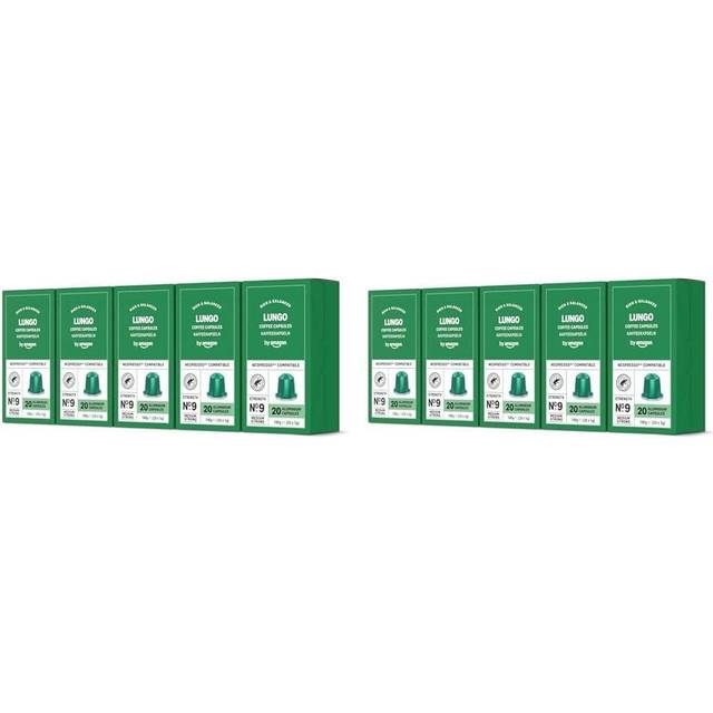 by Amazon Lungo Aluminium Coffee Capsules Compatible with Nespresso, Medium Roast,100 Count (10 Packs of 20) - Rainforest Alliance Certified