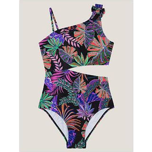Monsoon Kids' Tropical Print Cut-Out Swimsuit, Black