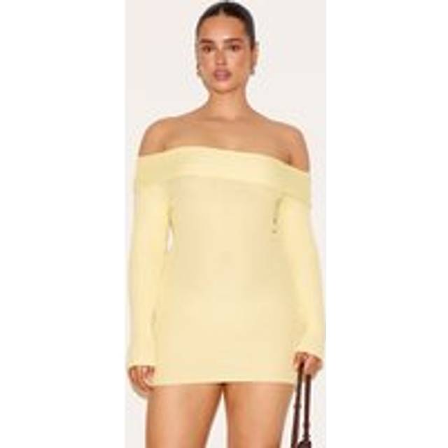 Shape Lemon Off Shoulder Fold Over Knitted Bodycon Dress, Lemon - M