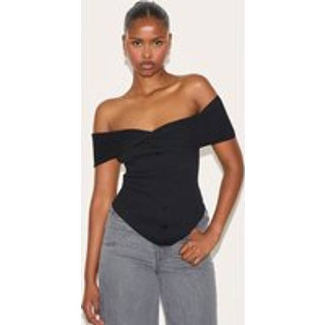 Black Rib Knit Twist Bardot Button Through Top, Black - XS