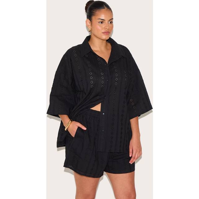 Plus Black Broderie Floaty Shorts, Black - 24