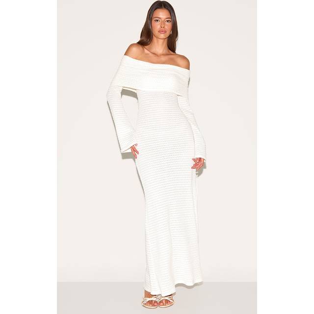 Cream Textured Extreme Bardot Long Sleeve Maxi Dress, White - 6
