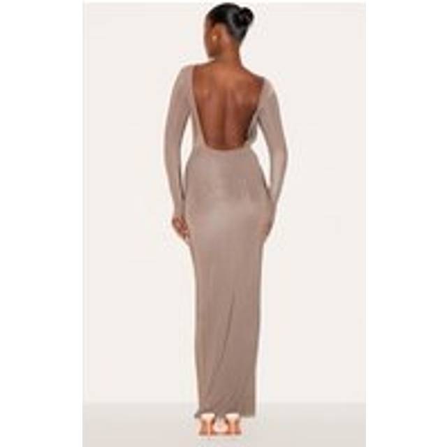 Mushroom Double Layer Deep Back Maxi Dress, Mushroom - 16