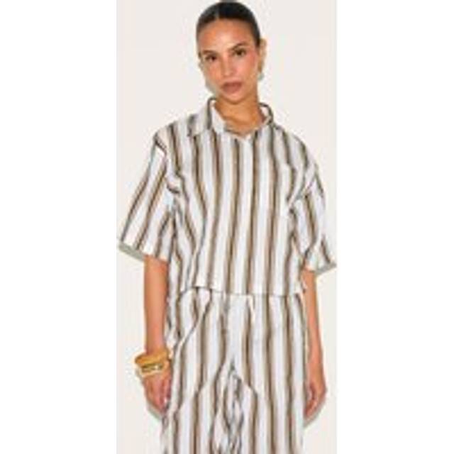 Petite Beige Striped Linen Look Oversized Shirt, Camel - 14