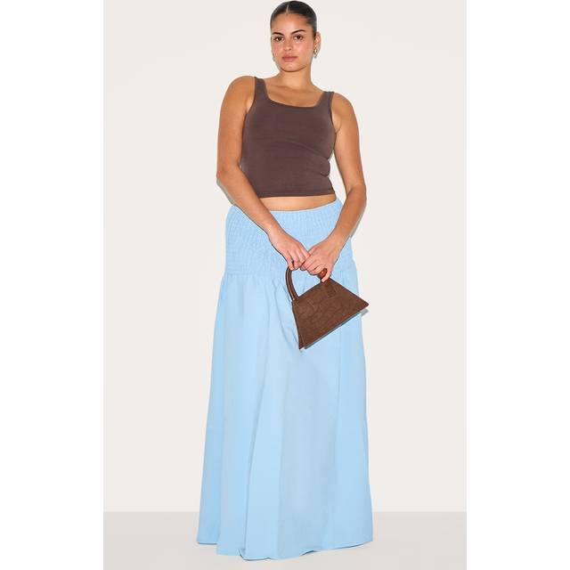 Plus Baby Blue Shirred Waist Cotton Poplin Maxi Skirt, Blue - 22