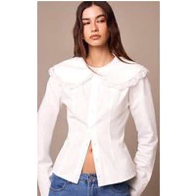 White Cotton Lace Trim Long Sleeve Shirt, White - 8