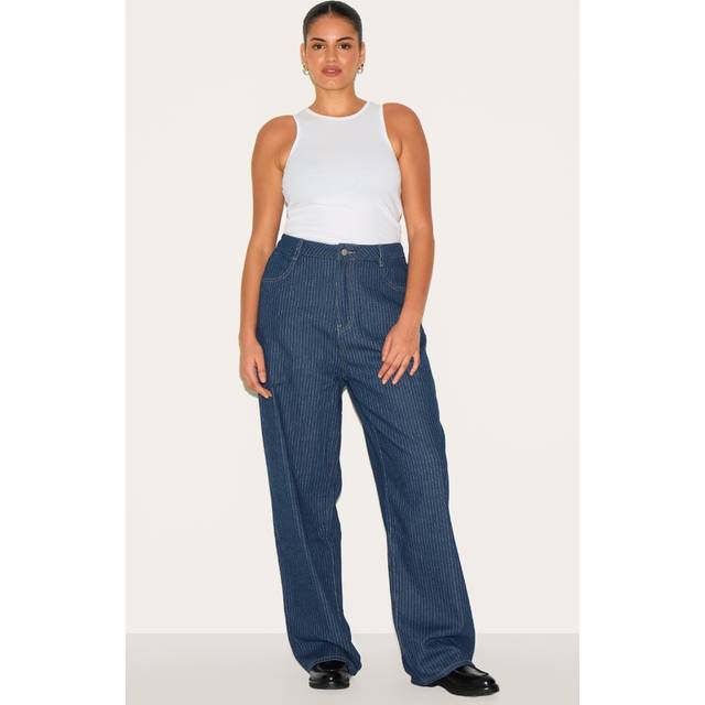 Plus Indigo Pinstripe Denim Straight Leg Jeans, Indigo - 18