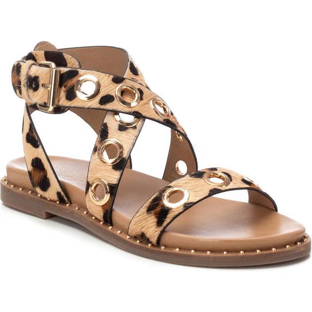 Carmela for woman. 16238903-LEOPARDO Leather sandals 162389 brown (38), Flat, Buckle, Casual, Animal Print