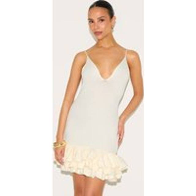 Petite Cream Knitted Frill Hem Strappy Mini Dress, White - L