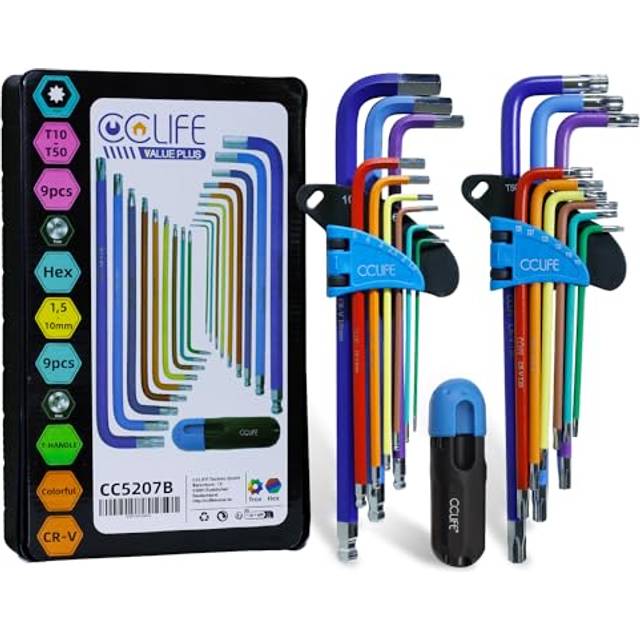 CCLIFE 19 delar Torx insexnyckel Inbusschlüssel förlängd vinkelnyckelsats med handtag flerfärgad 1,5 mm–10 mm & T10-T50