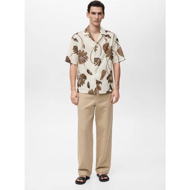Mango Sicilia Cotton Regular Fit Floral Bowling Shirt, Brown/Multi