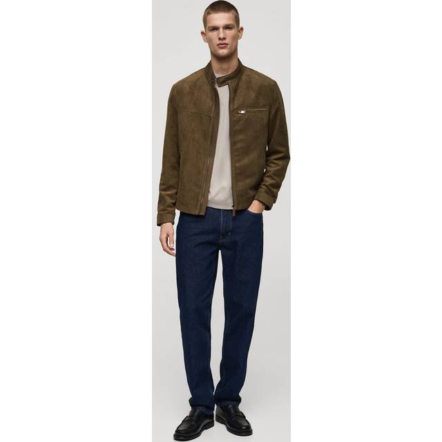 Mango Faux Suede Biker Jacket, Khaki