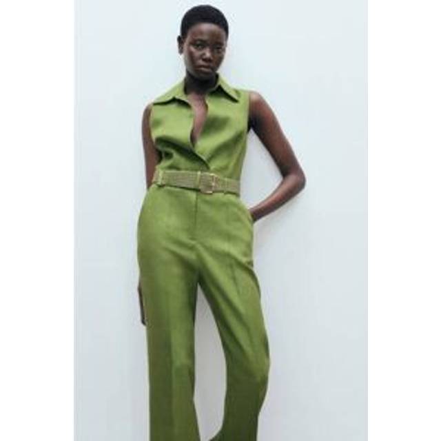 Linen shirt jumpsuit with belt green - Woman - XS - MANGO - Green
