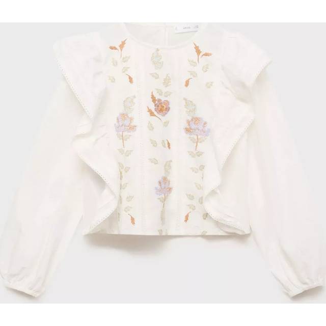 Mango Kids' Viviana Floral Embroidered Ruffle Blouse, White/Multi
