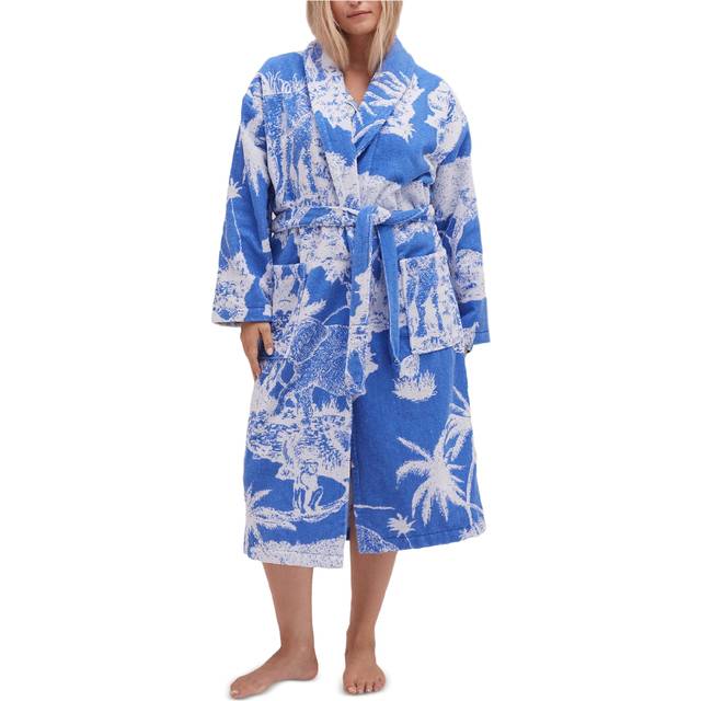 Safari Print Towelling Robe - Blue Loxodonta - <p>Desmond &amp; Dempsey was founded in Brixton, London, by husband-and-wife duo, Molly Goddard and Joel Jeffery. Named after their grandfathers, the label is an ode to Sunday, a day to embrace time off, rest, and take things at a slower pace than usual while wrapped in soft, decorated, tactile loungewear to take each hour as it comes.</p>